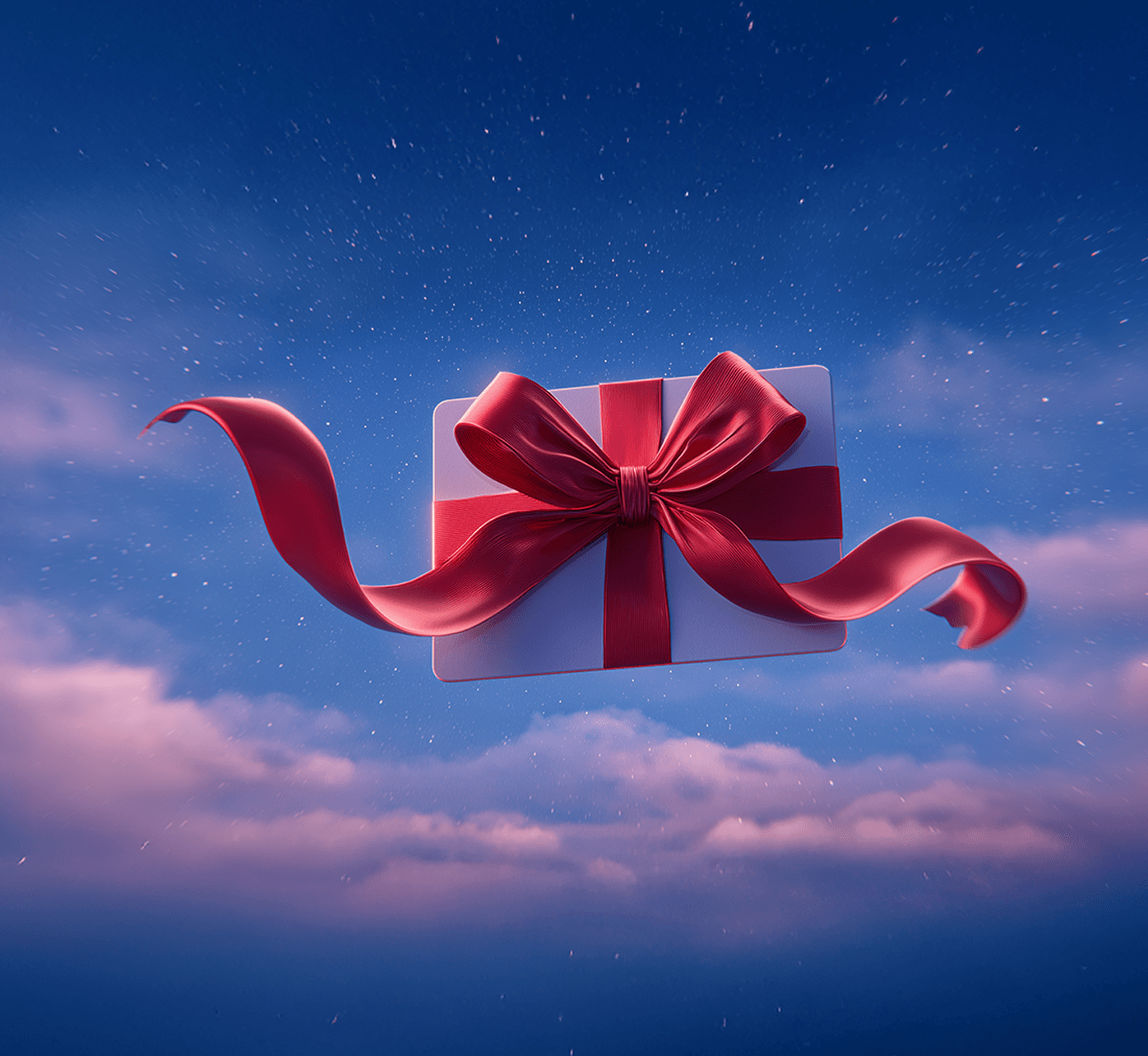 Gift card with elegant red ribbon floating in a beautiful blue sky with clouds